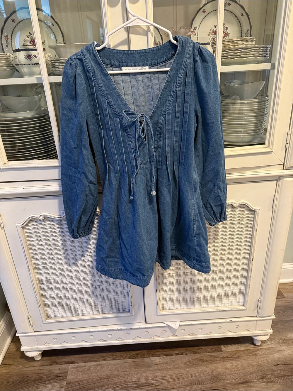Altar'd State denim bow front long balloon sleeves mini dress
